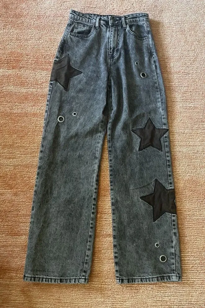 Daisy Street Star Patch Wide Leg Jeans Black Wash Grommet Detail Size US 3 - Image 1