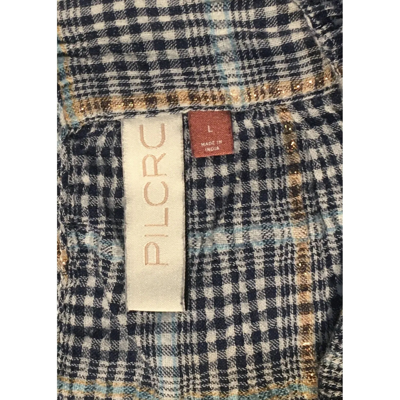 Anthropologie‎ Pilcro Shari Smocked Blouse Large Blue Plaid With Gold Striped - Image 2