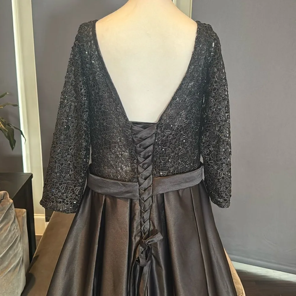Women’s Black Satin 3/4 Sleeve Sparkly Sheer Bodice Formal Dress LegSlit Size 12 - Image 5