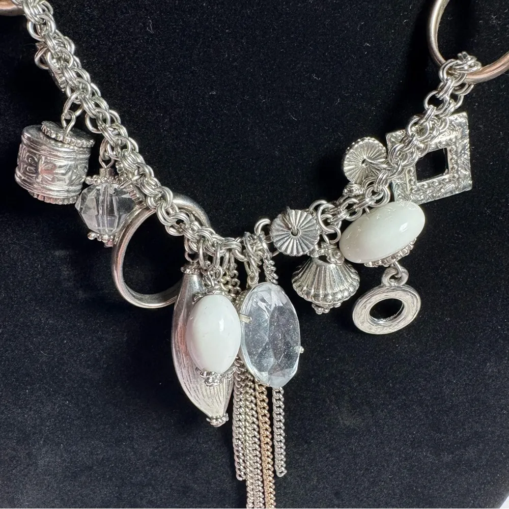Vintage Silver Fashion Charm Necklace with Beads Chains Gemstones & Brass Rings - Image 4