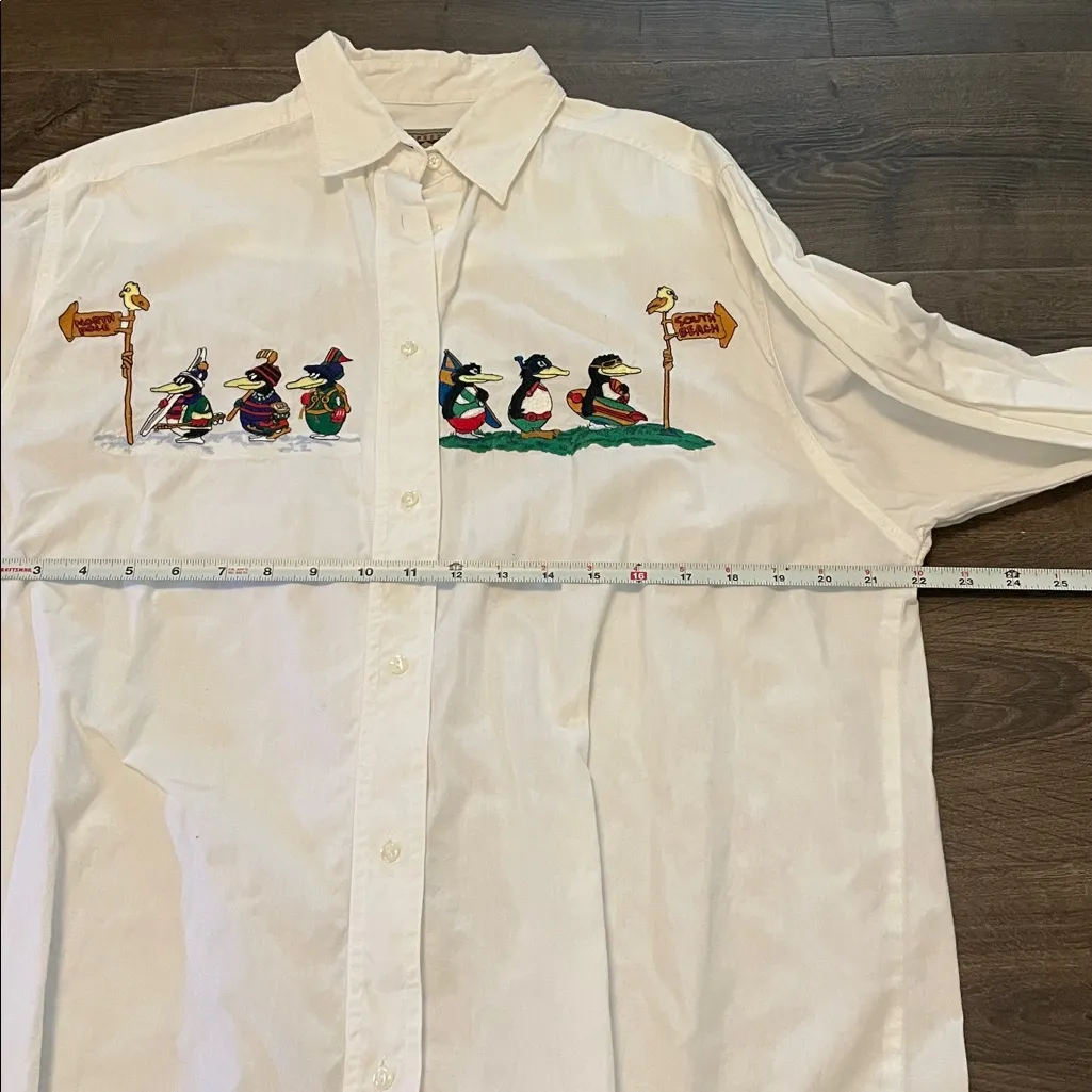 Vintage Campagnie Internationale Express Embroidered Penguin Button Down, Medium White - Image 6