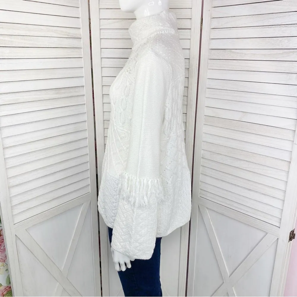 White House Black Market Boho Fringe Sleeve Mock Neck Sweater White Medium - Image 2
