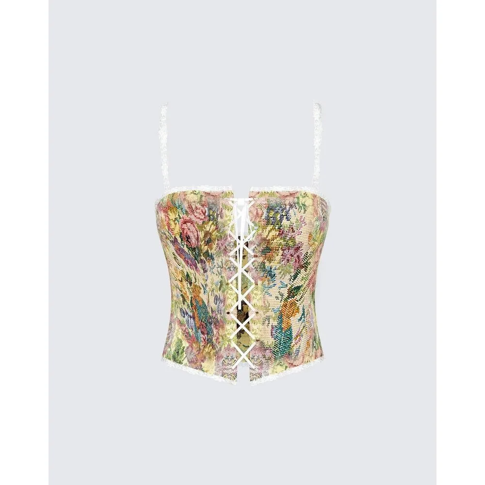 Finesse Victorian Antoinette Tapestry Floral Embroidered Corset Bustier Top Sz S - Image 5