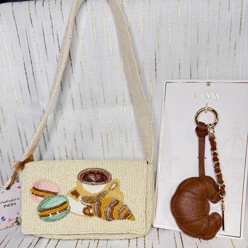 Café Chic Bag Charm Bundle | Beaded Coffee Purse + Croissant Leather Keychain Brown - Image 1