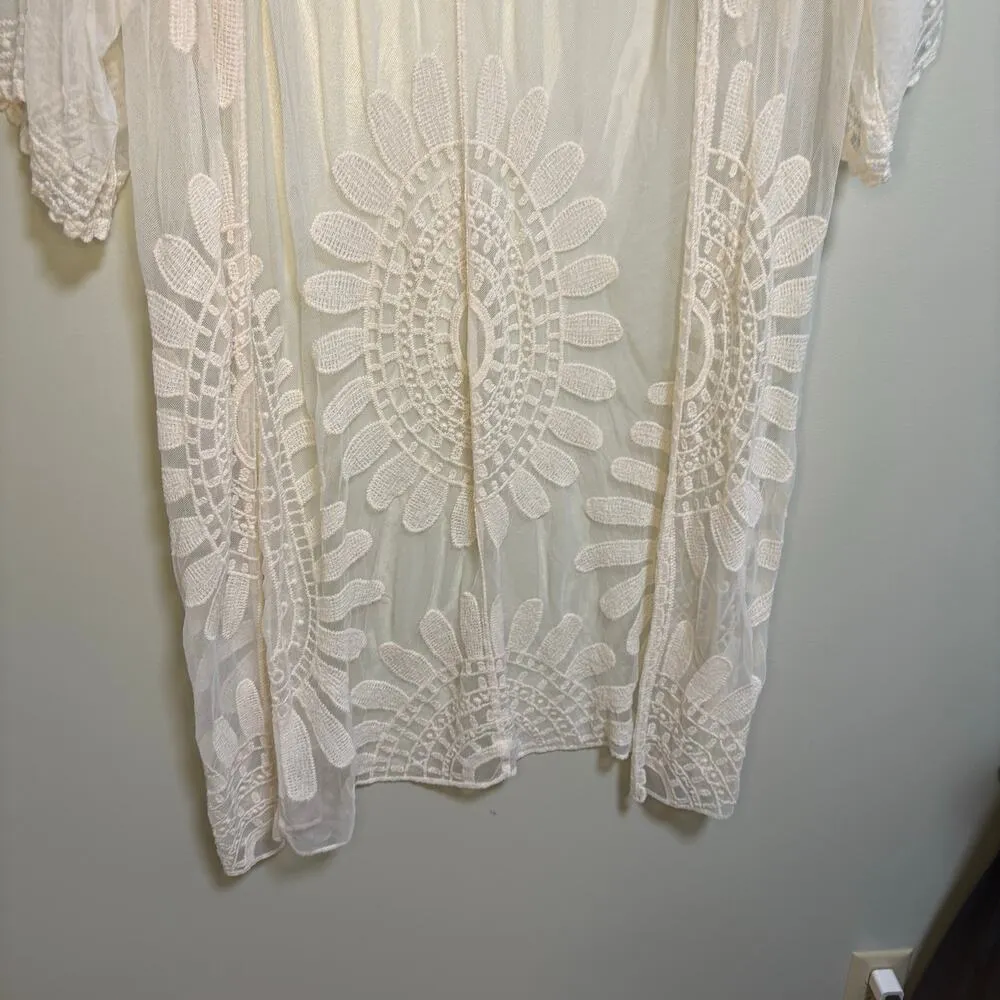 Rebellion Cream Boho White Sheer Lace Midi Kimono Cardigan Beach Coverup Medium - Image 3