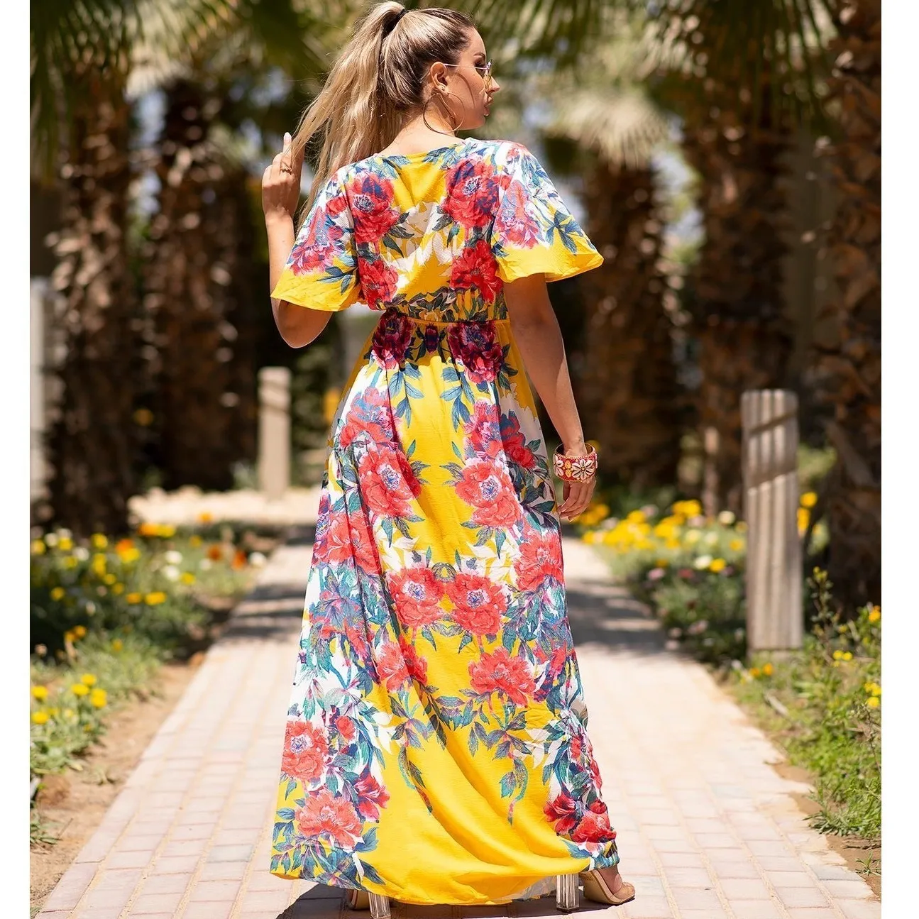 Flying Tomato Yellow Floral Maxi Dress Flutter Sleeve VNeck Bohemian Boho Size M - Image 9