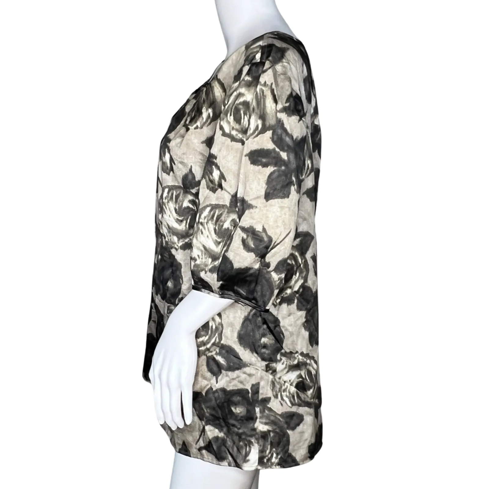 Talbots Shirt Womens 14 Black Gray Floral‎ Flowers Puff Sleeve Roses Romantic - Image 3