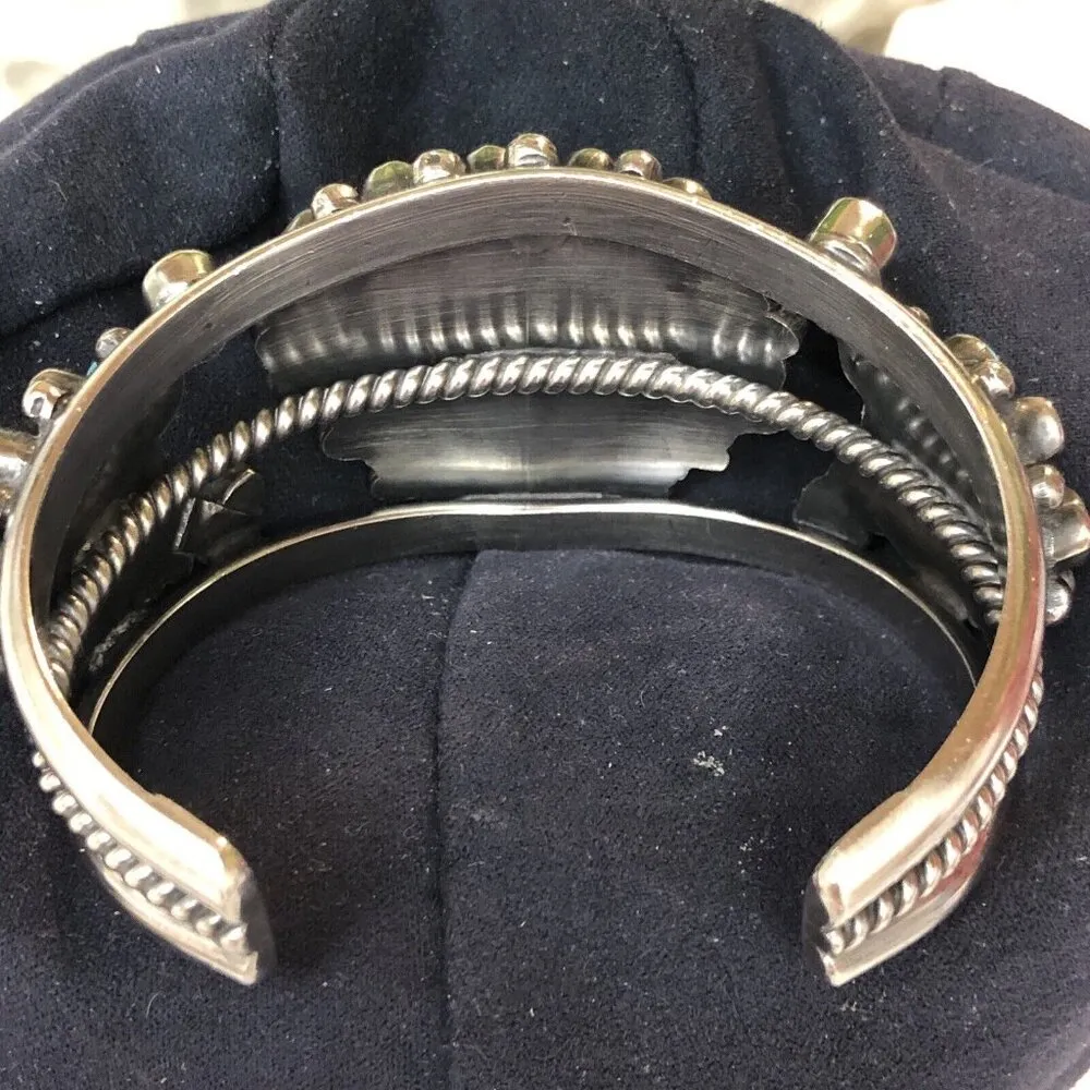 Indian 70 grams Sterling Silver Turquoise Cluster Bracelet Signed - Image 9