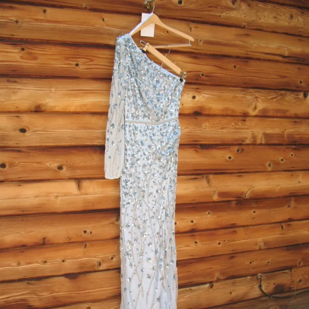 MAC DUGGAL  Blue Embellished One Sleeve Faux Wrap Gown 8 - Image 7