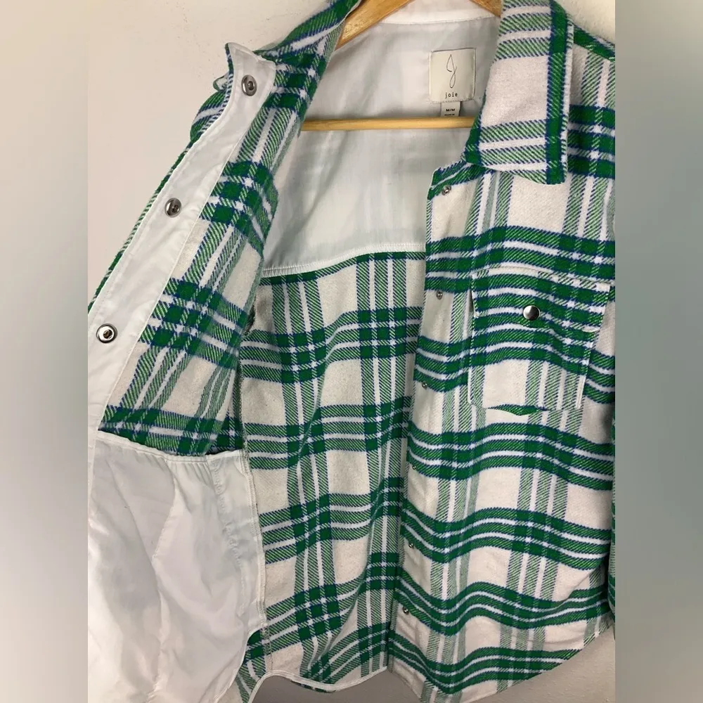 Joie Plaid Flannel Green and White Wool Blend Shacket Jacket Women's Medium‎ - Image 5
