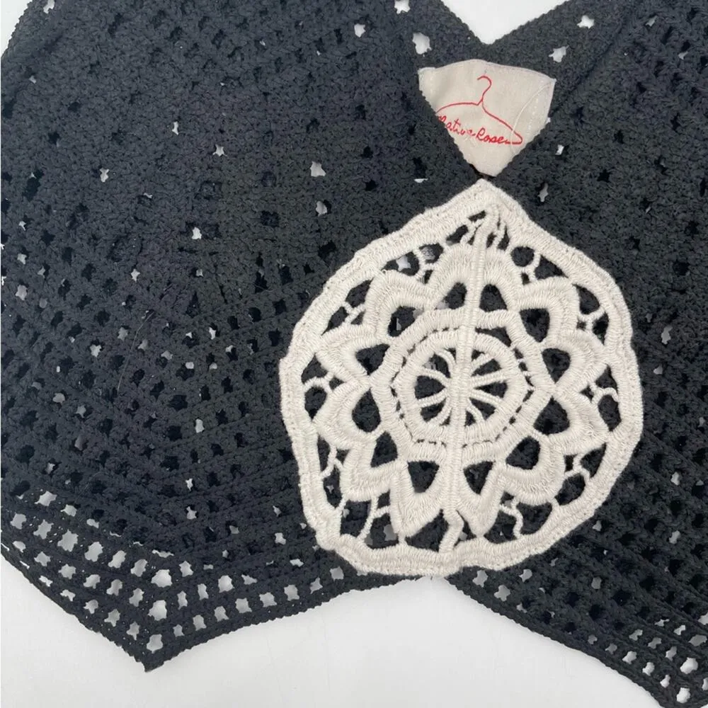 NATIVE ROSE Crochet Crop Tank Cropped Black Boho Festival B&W Nina NWT S/M - Image 7