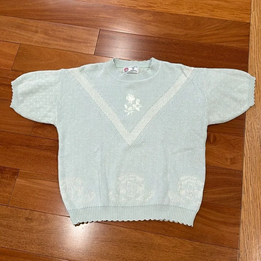 Isle Of Cotton Vintage Embroidered Short Sleeve Sweater size XL Green - Image 6