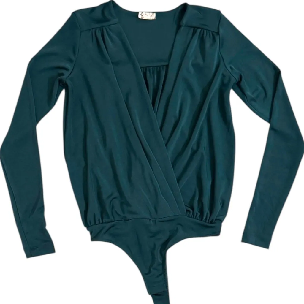 Free People Teal Green Bodysuit XS Long Sleeve V Neck Wrap Surplice Stretch - Image 2