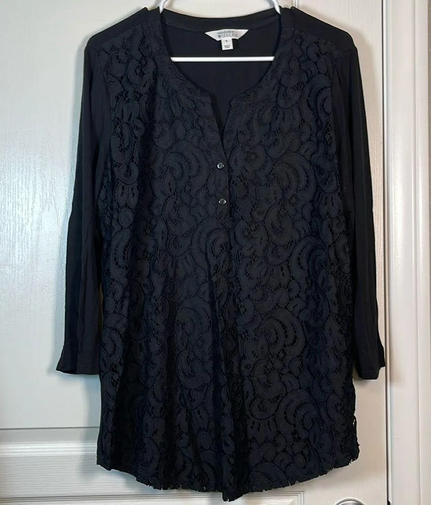 Market & Spruce Black Pima V-Neck Lace Top Shirt Blouse Size XL EUC #0575-OC - Image 2