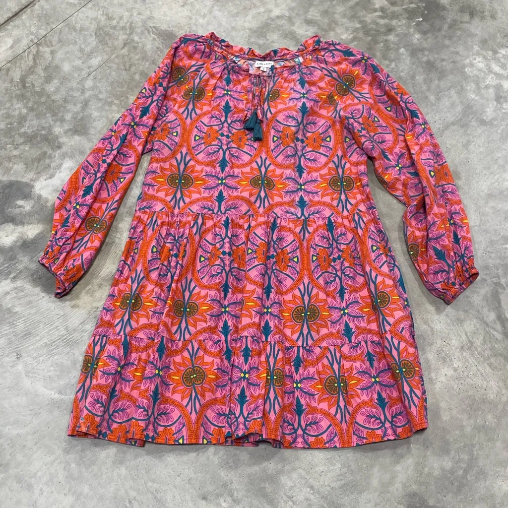 King + Pitt Womens Pink Floral Midi knee length boho flowy ruffle dress size Med - Image 2