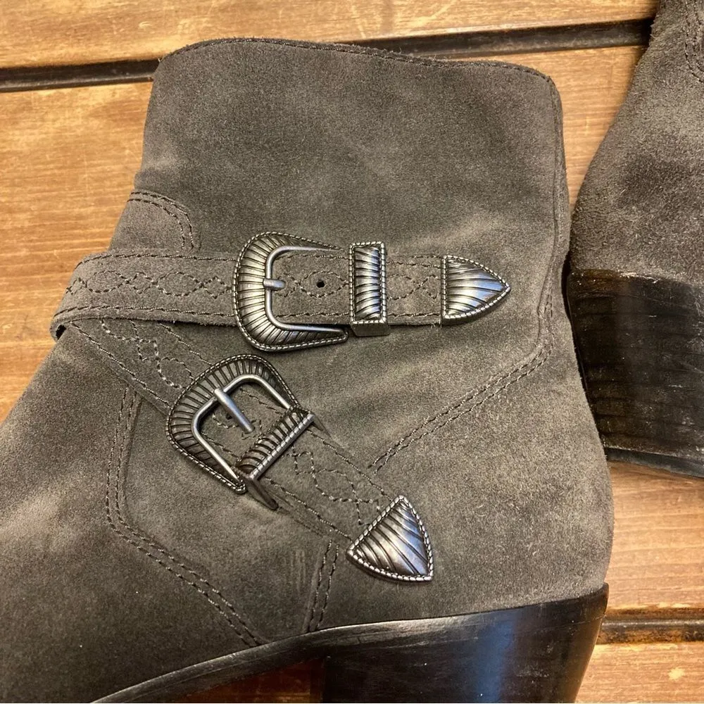 Frye Ellen Buckle Short Booties Gray Suede Leather Size 7 Harness - Image 6