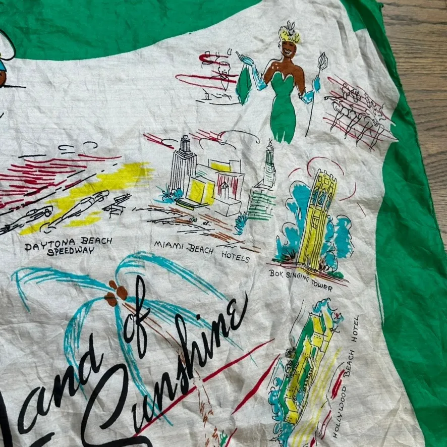 Vintage Florida Souvenir Silk Scarf Retro Land of Sunshine Travel Map Tourist Green - Image 4