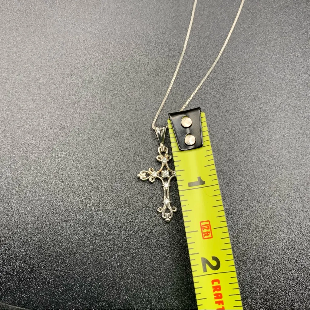 Sterling Silver Ornate Cross Pendant Necklace 18” White Crystal Accents - Image 4