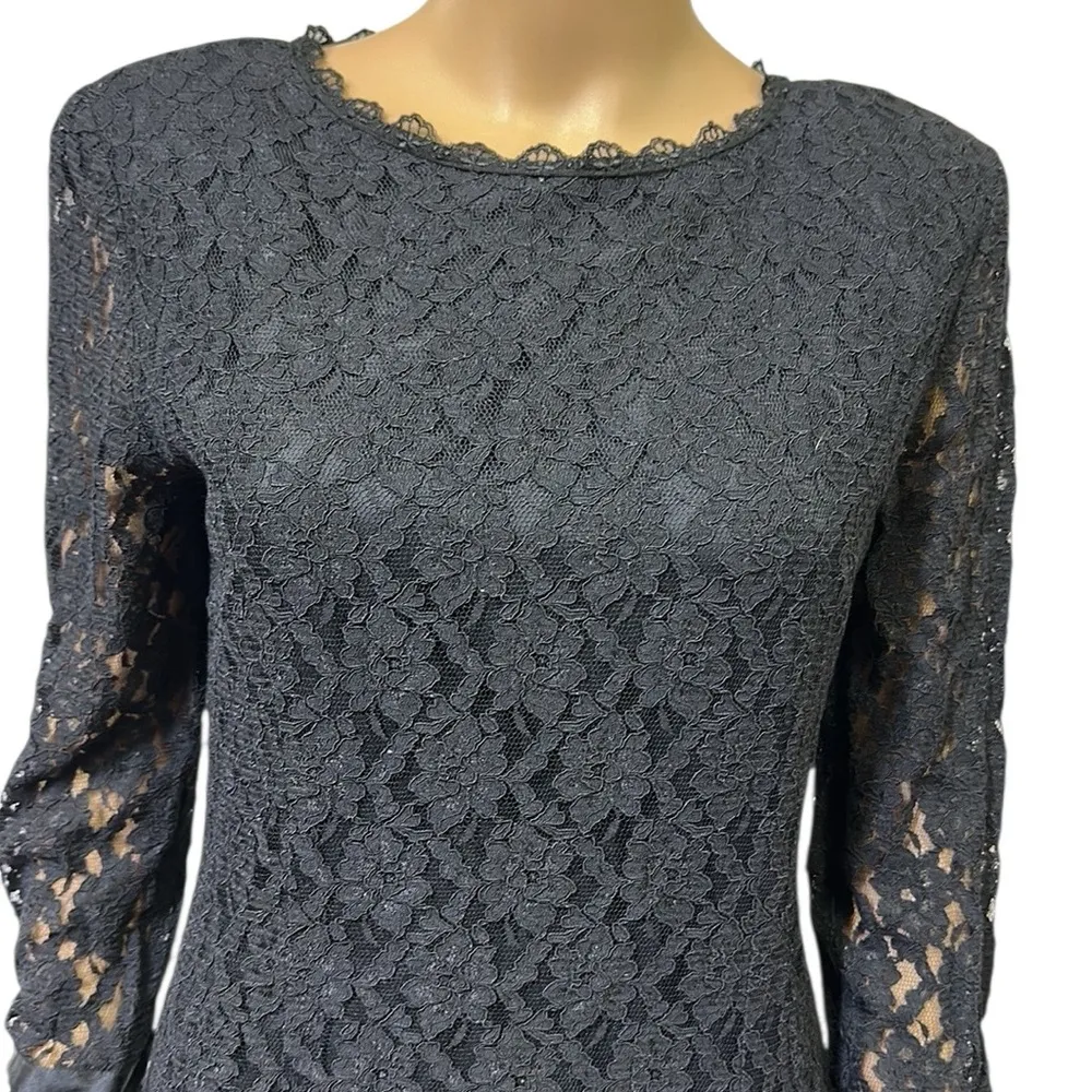 Vintage August Silk Black Lace Lagenlook Long Sleeve Zip Back Midi Dress Size 6 - Image 5