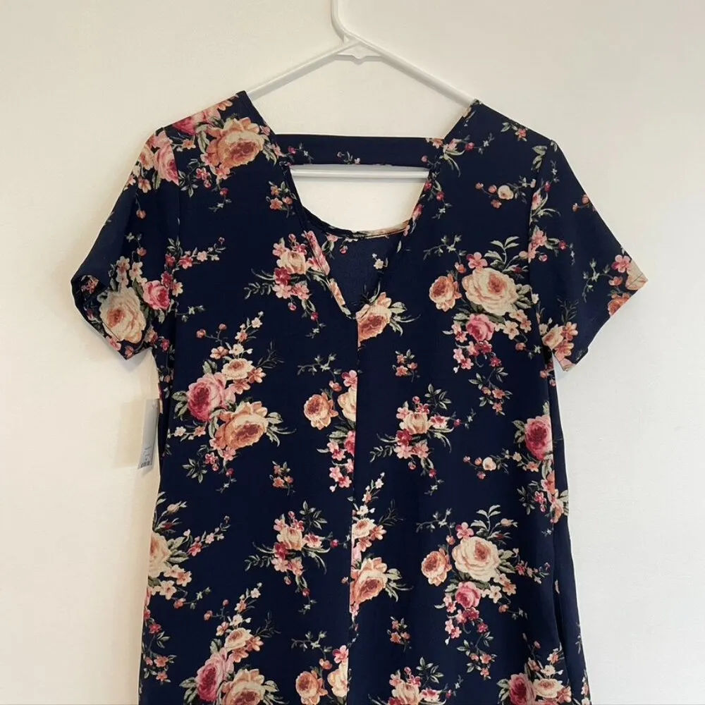 NEW NWT BLUE RAIN FRANCESCA'S Navy Blue Pink Cream Floral Ruffle Shift Dress M Size M - Image 11