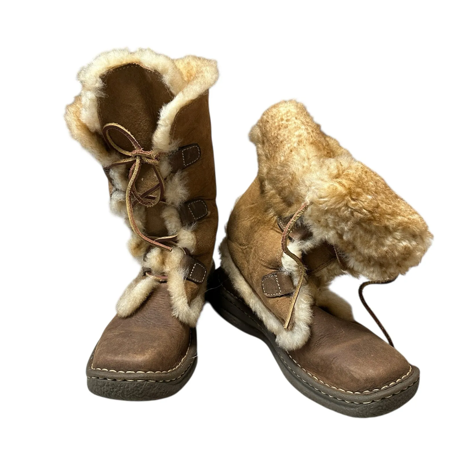 Born Leather Booths Shearling faux fur Lined Lace Up Winter Size 6 Brown Cream - Image 9