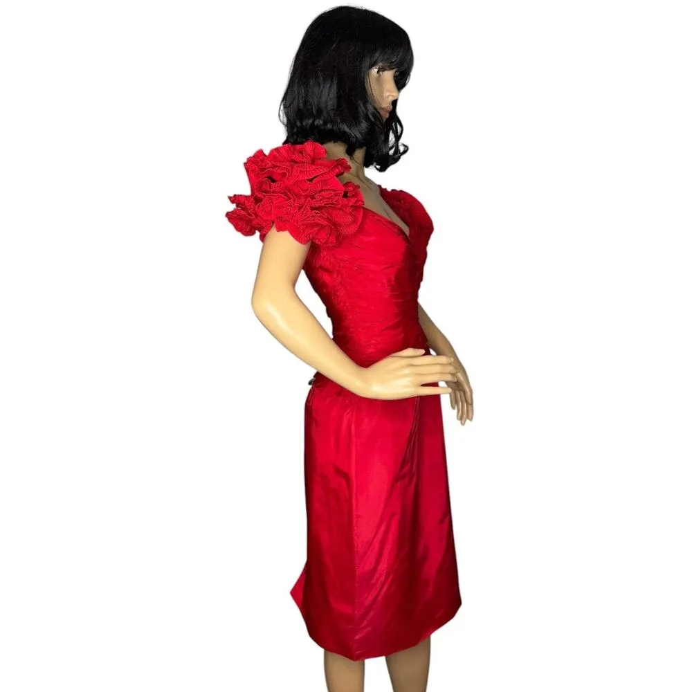 Vintage 80s Tadashi Red Taffeta Pleated Puff Sleeve Cocktail Dress size 2-4 - Image 8
