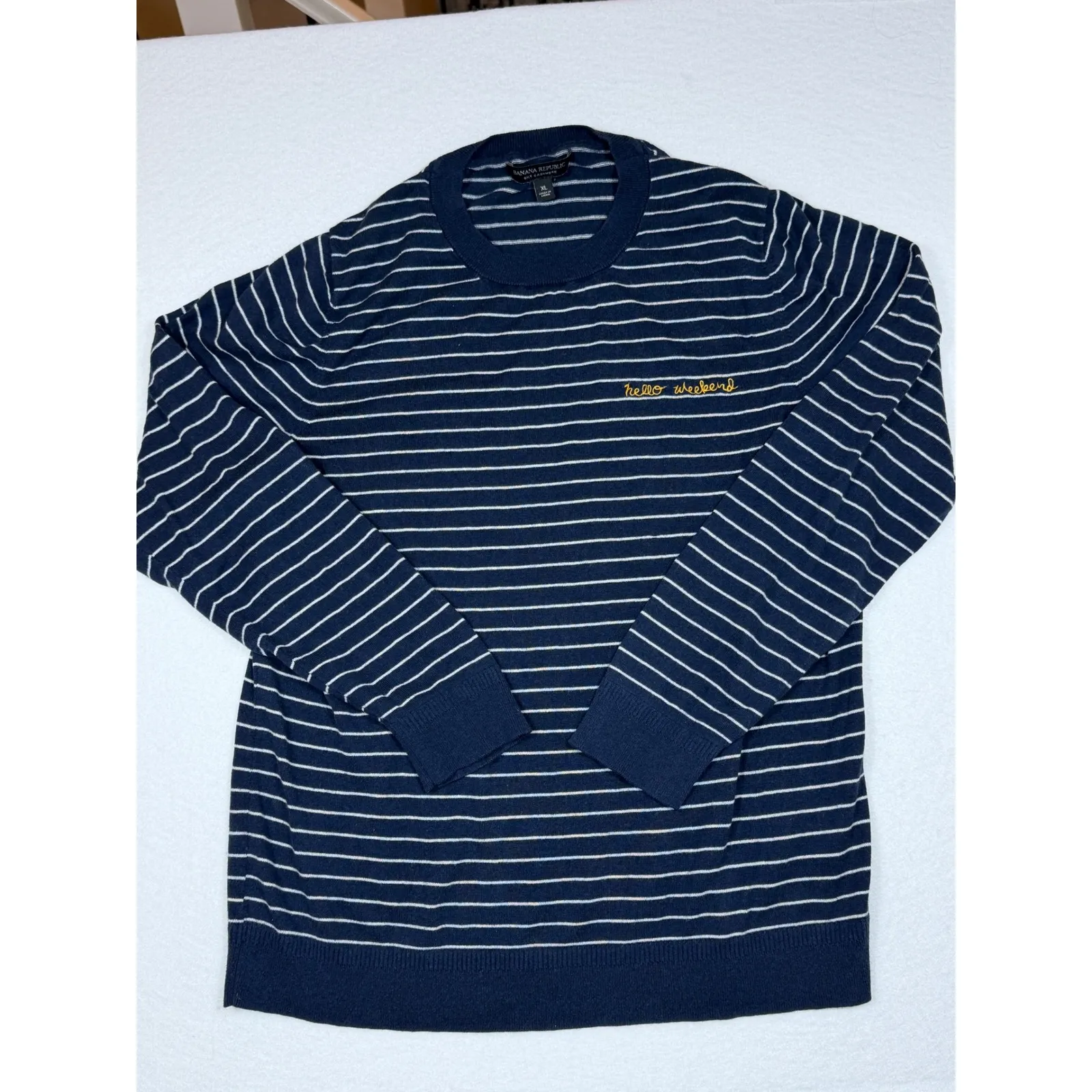 Banana Republic Silk Cashmere Navy Stripe Hello Weekend Crewneck Sweater XL - Image 2