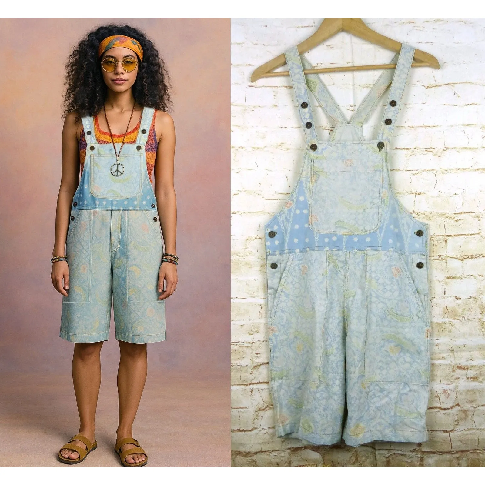 Boho Printed Shortall Women XS Ivory Blue Floral Paisley Bali Batik Home Cottage - Image 2