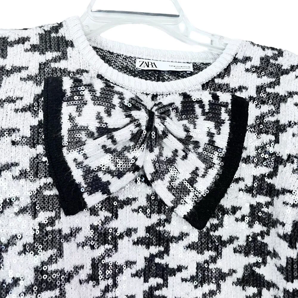 Zara white black sequence  bow knit sweater size M - Image 3