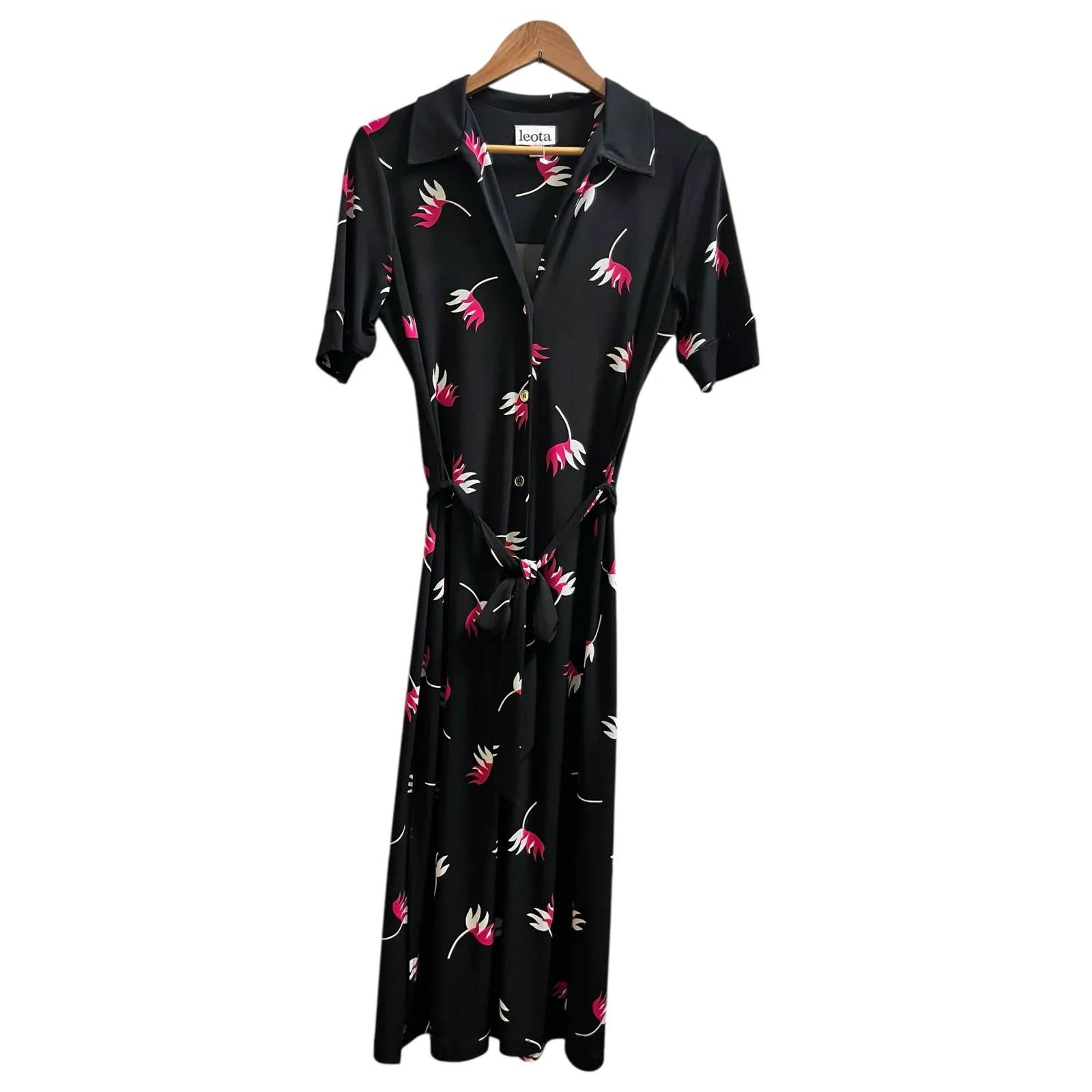 Leota Black Floral Jersey Button Front Waist Tie Belt Side Slits Dress Small - Image 5