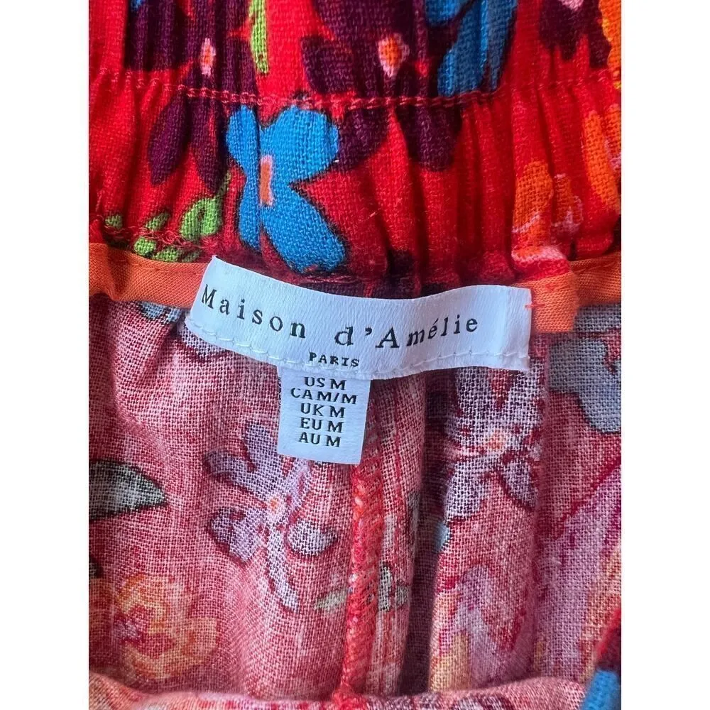 Anthropologie Maison d’ Amelie Red Floral Linen Button Top S, Trouser Pants M Size M - Image 3