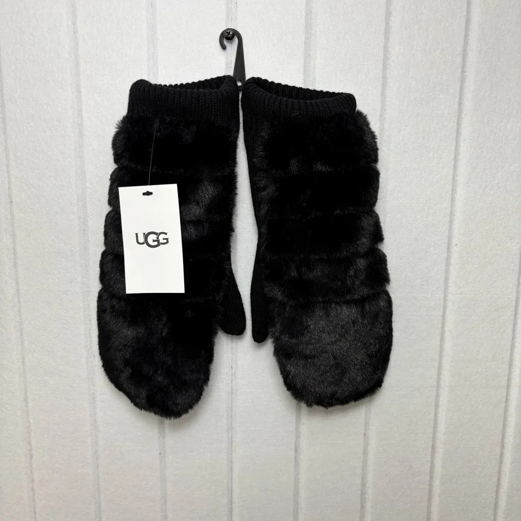 UGG Luxe BLACK FAUX FUR FUZZY WOOL BLEND MITTENS WITH SHERPA LINING size L/XL - Image 7