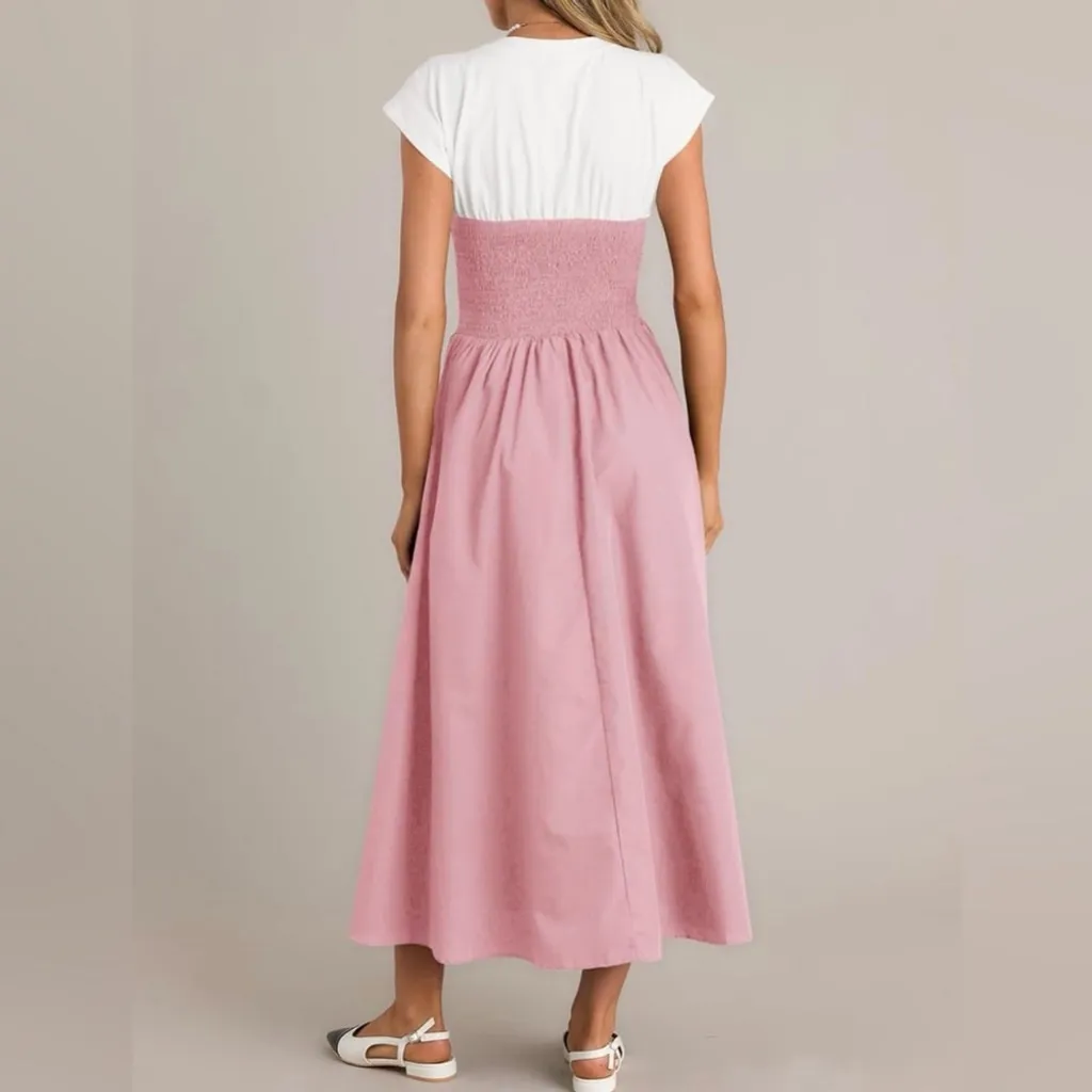 NEW Smocked Cap Sleeve Crew Neck Color Block A Line Flowy Midi Dress S Pink - Image 3