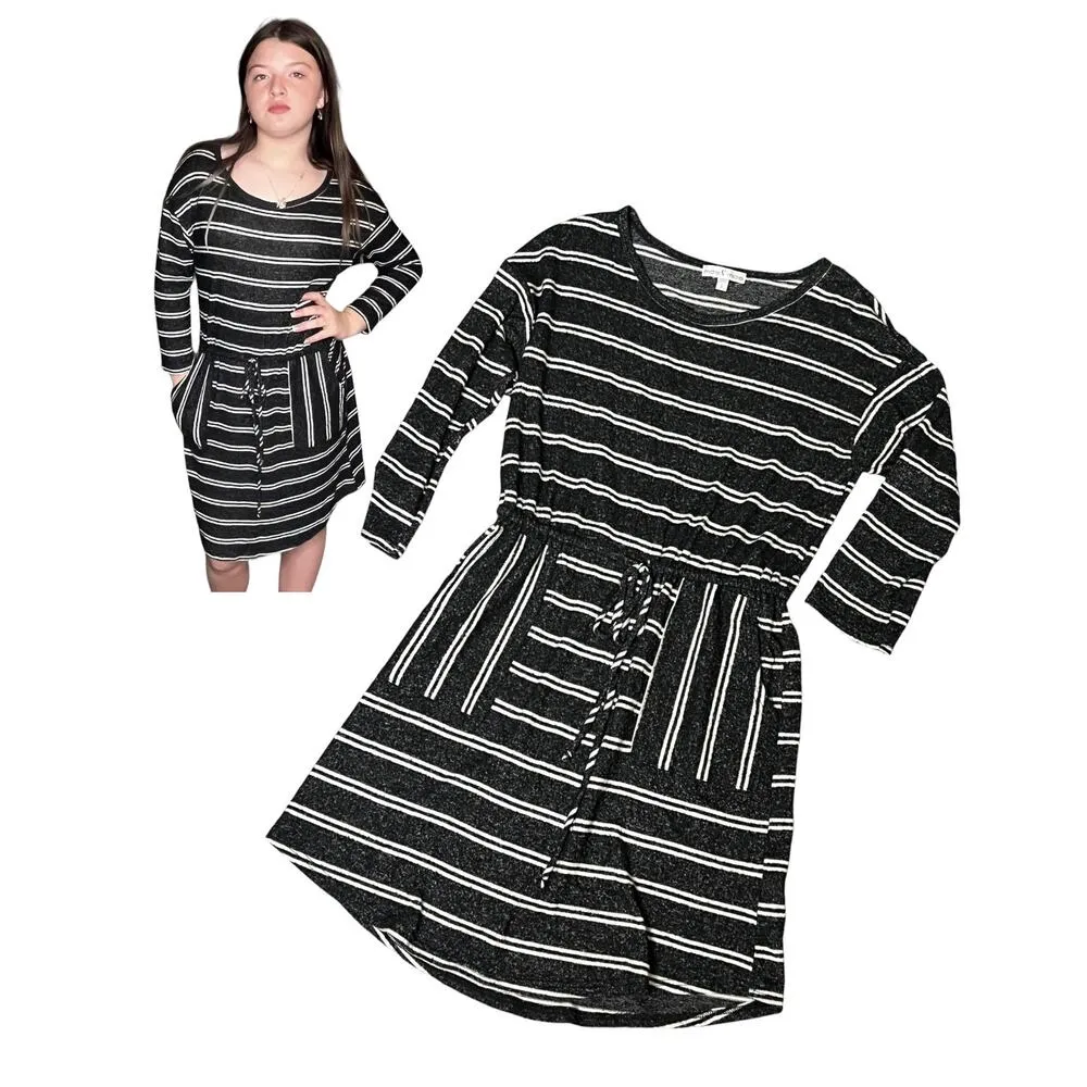 Moa Moa SWEATER DRESS Womens SM Black White Striped Knit Pockets Tie Waist Belt - Image 10