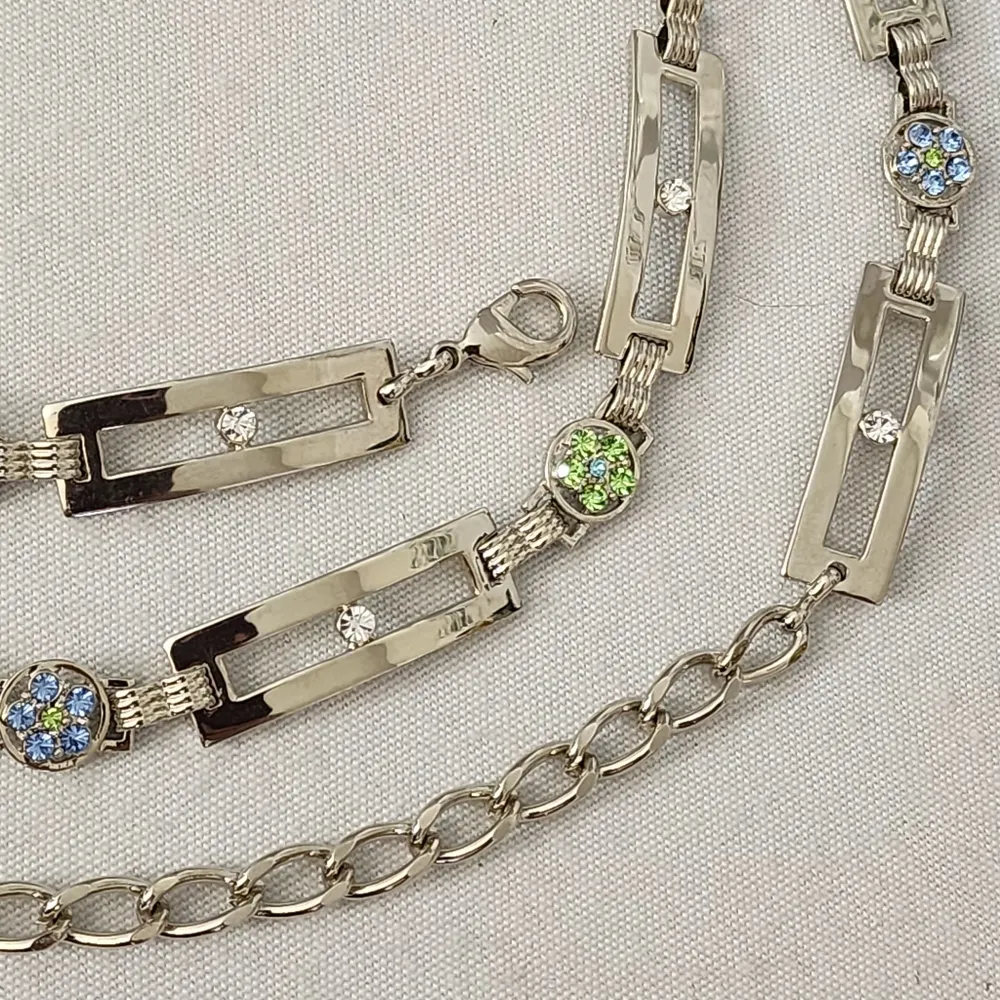 Vintage Silver Rectangle Chain Link Color Gemstones Belt - Image 3