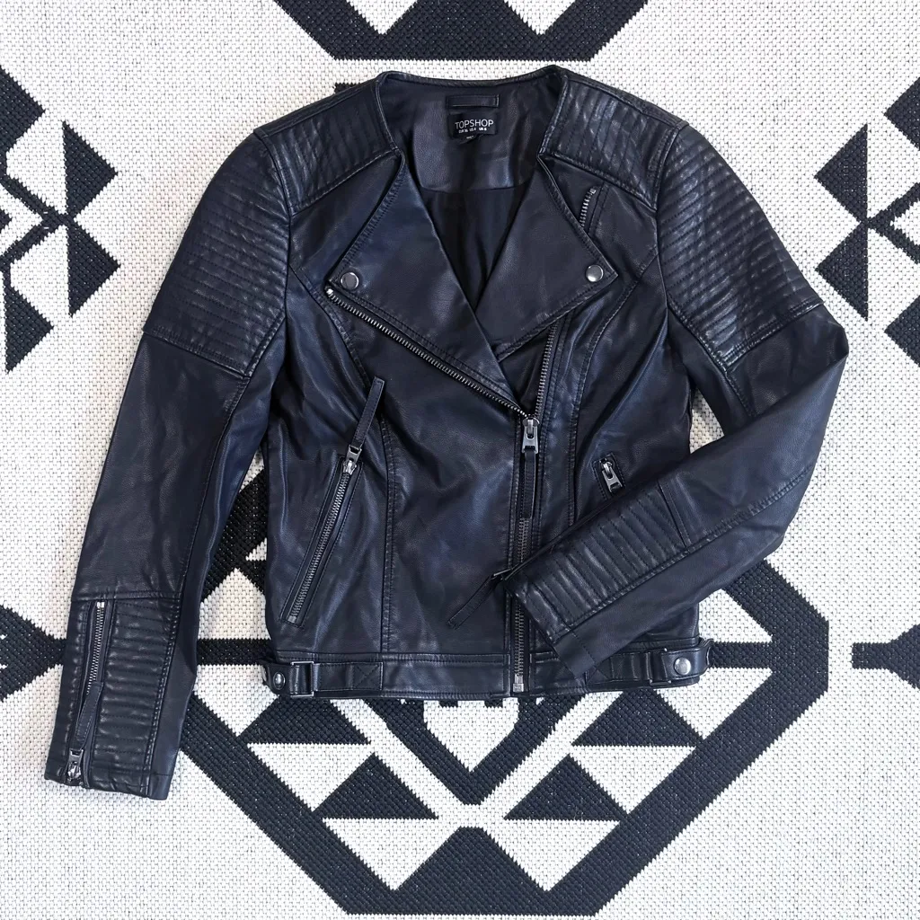 Topshop Nelly Vegan Leather Moto Biker Jacket in Black Size 4 - Image 4