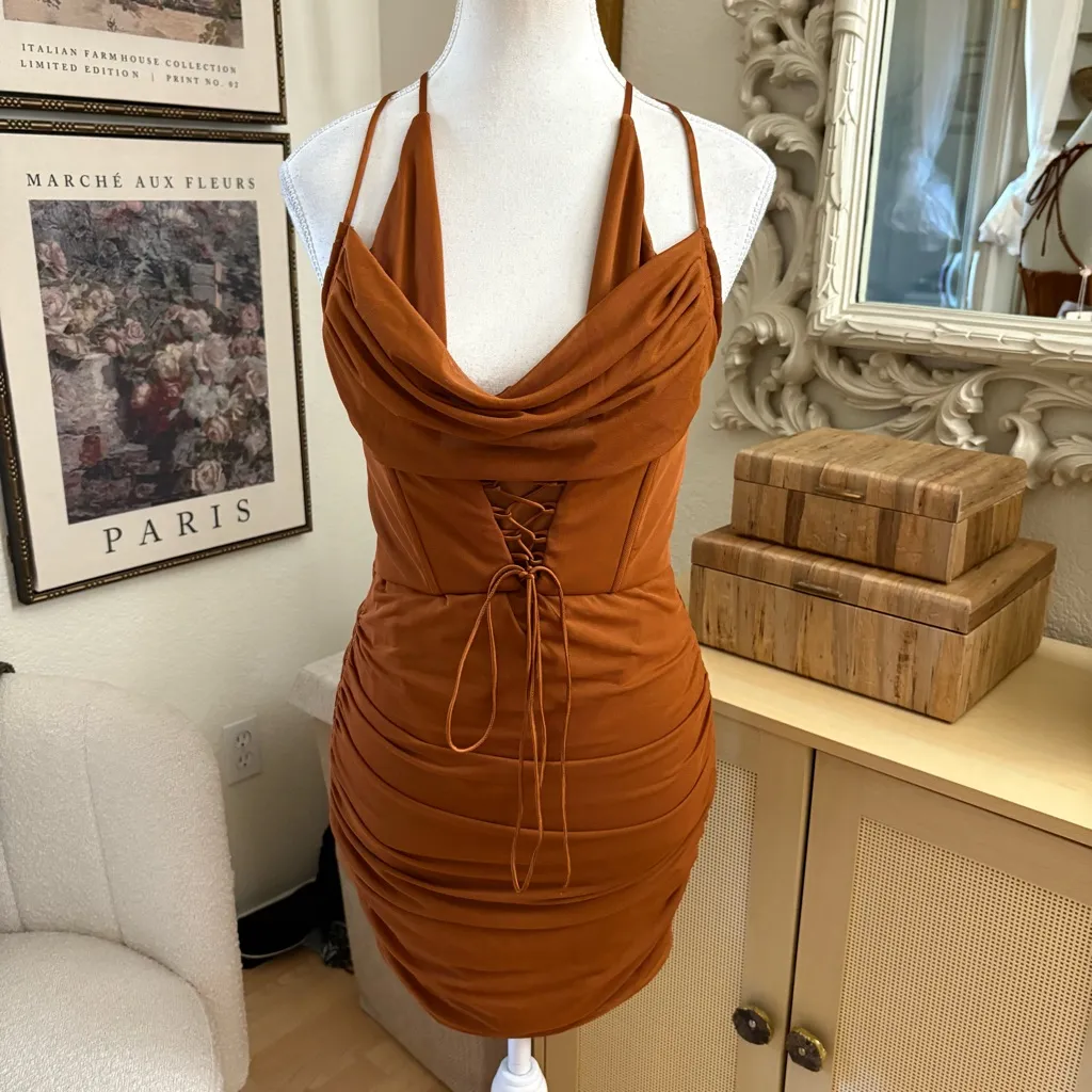 OH POLLY NOELANI Halter Neck Corset Mini Dress in Brown Size 8‎ NWT - Image 3