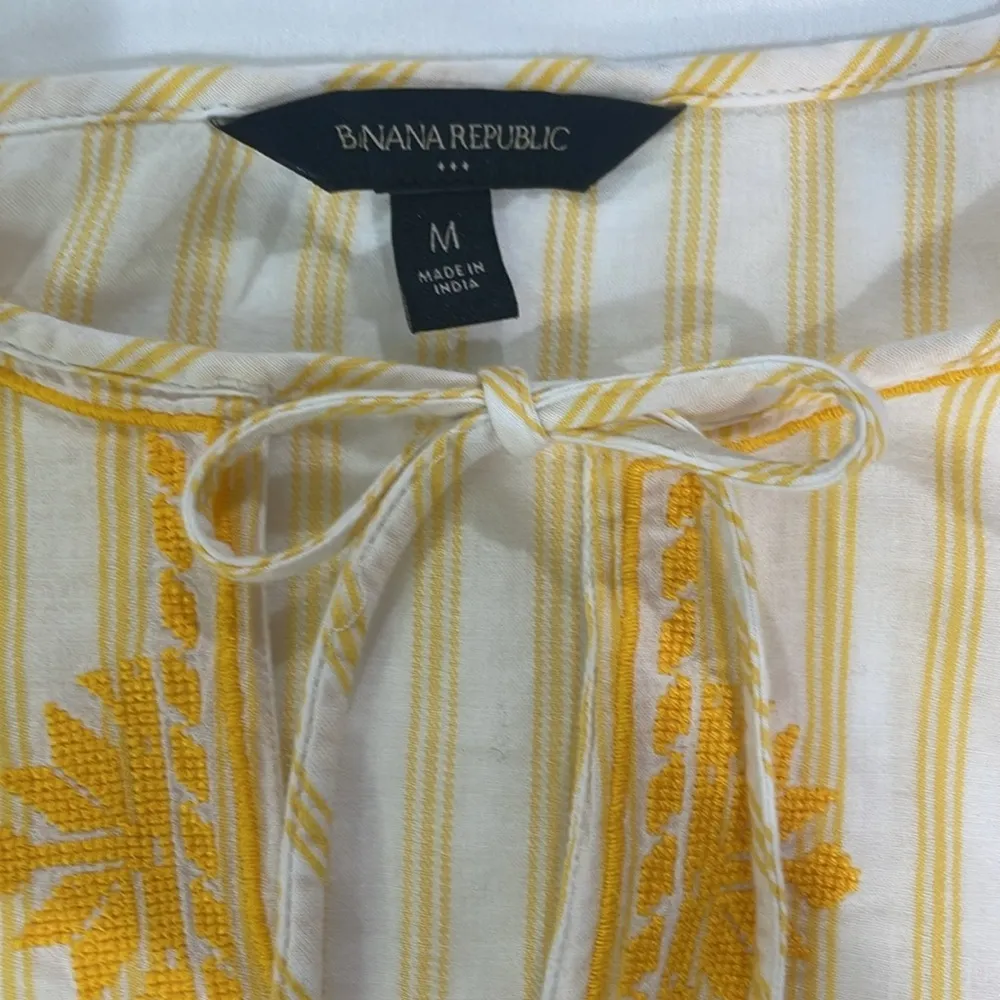 Boho embroidered striped neck tie closure tropical short sleeve cotton tunic - Image 6