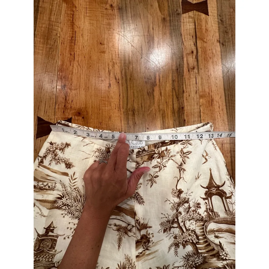 Women's Silk Club Collection Pants Size 6 Beige Brown Print Linen - Image 9