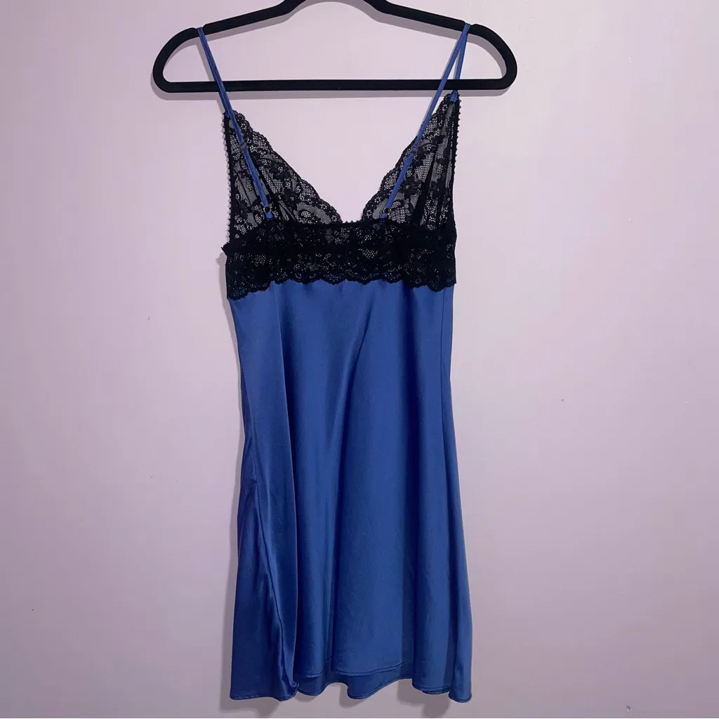 Christine Lingerie Silk Chemise Slip Night Dress Women Size S Mini Lace Sexy Blue - Image 6