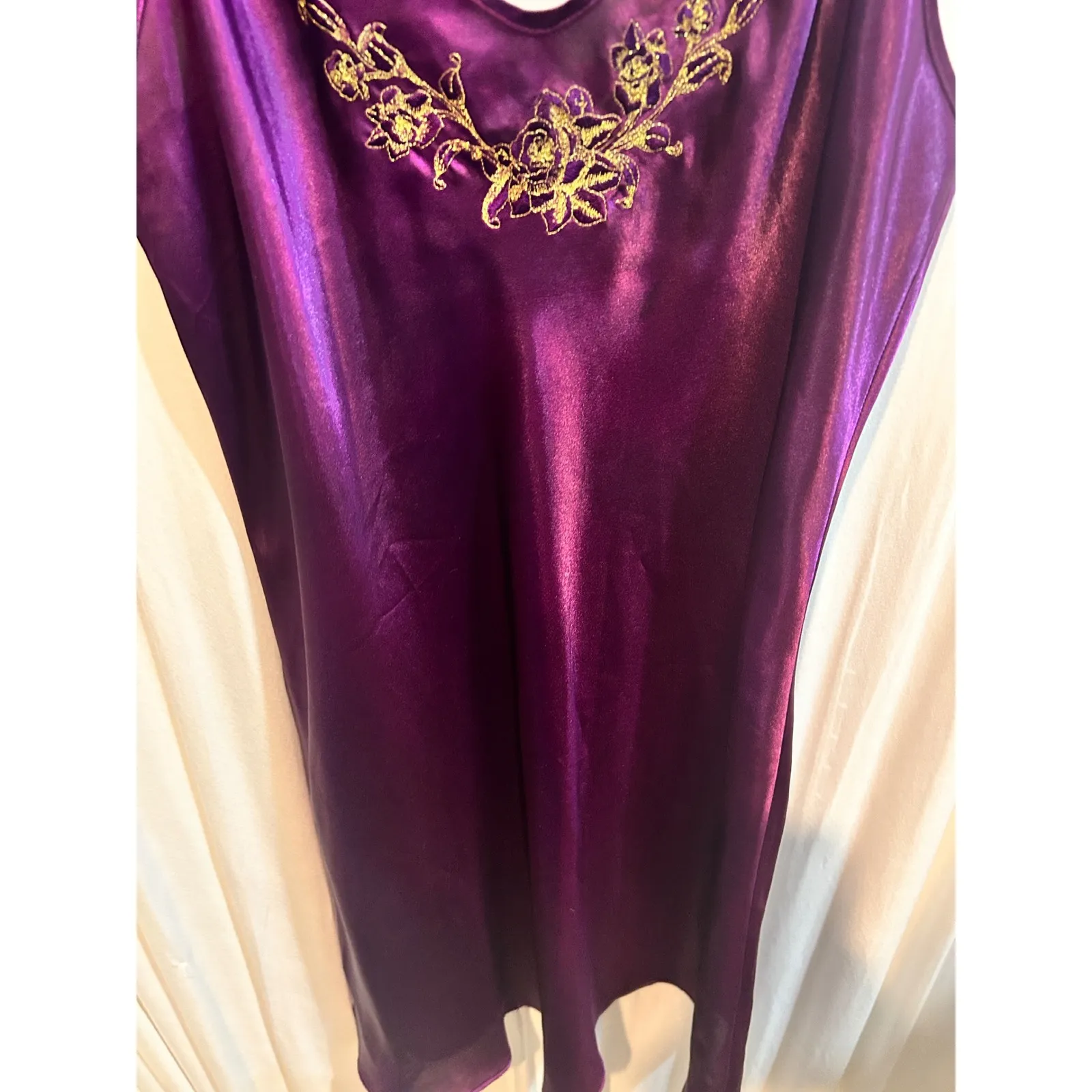 Morgan Taylor Intimates Purple Satin Gold Embroidered Slip Dress Lingerie Medium - Image 3