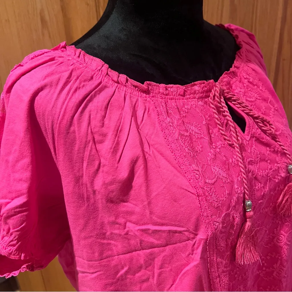 Macy's Style &‎ Co. Floral Lace Tassle Tie Puff-Sleeve Peasant Top Pink Size XL - Image 5