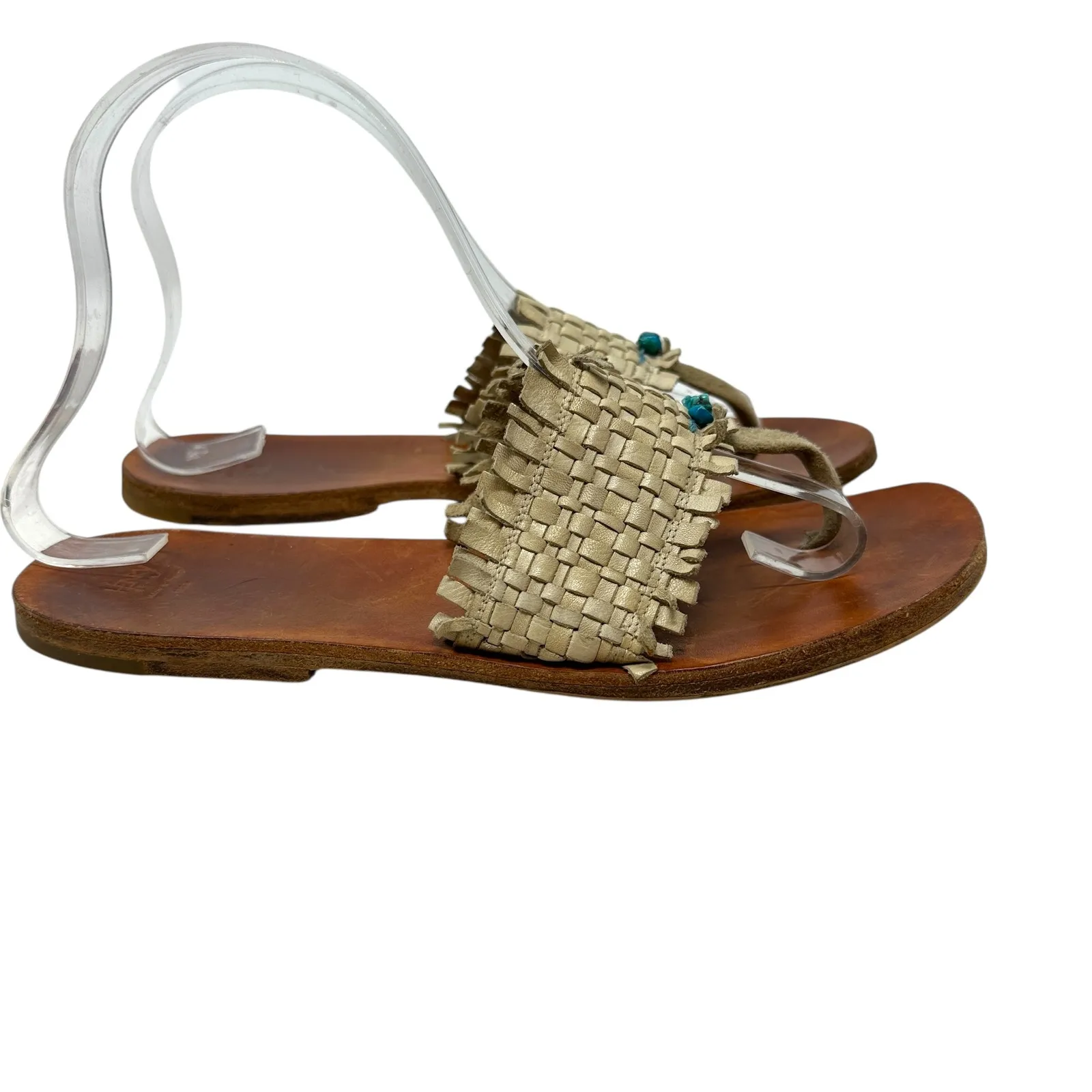 Henry Cuir Slide Sandals‎ Leather Woven Rattan Beaded Tan Brown Size 38 US 8 - Image 5