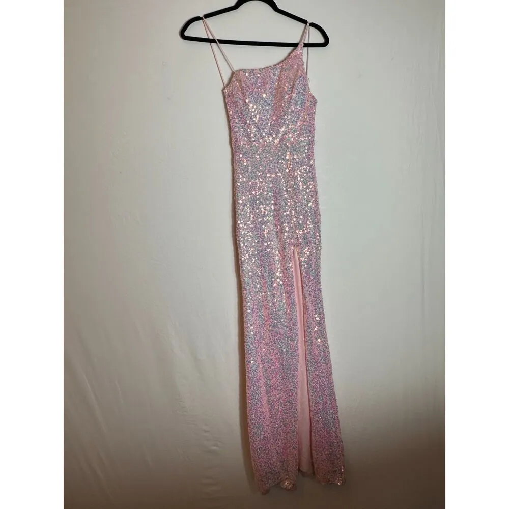 Midnight Doll One Shoulder Pink Sequin Gown with Front Slit Size 0 - Image 2