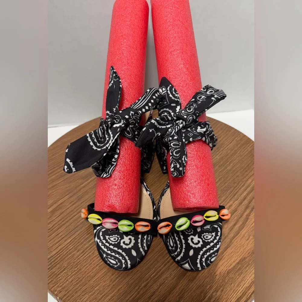 Schutz Malia Embellished Shell Material Bandana Print Slide Wrap Tie Sandals 9B - Image 9
