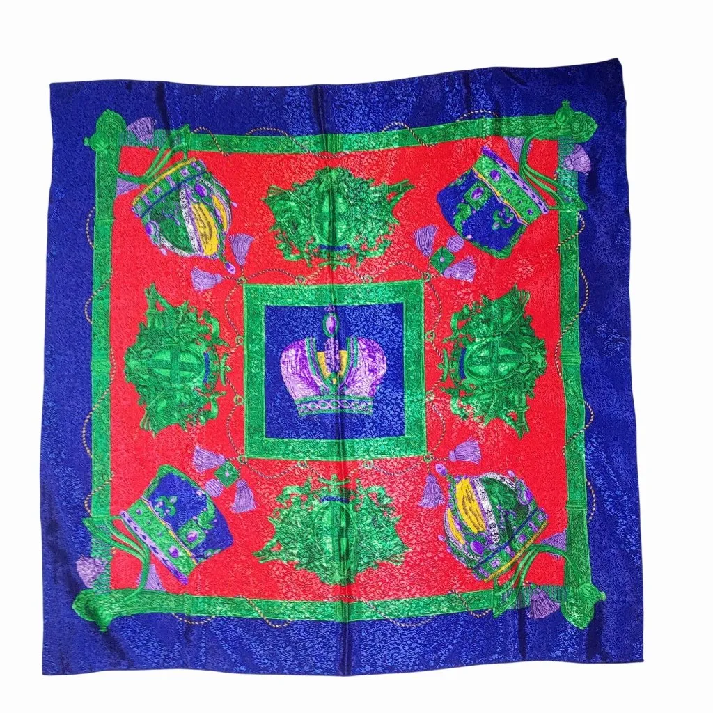 Royal Crown Crest Print Square Scarf Vintage Aroque Equestrian Shields Chains Red - Image 1