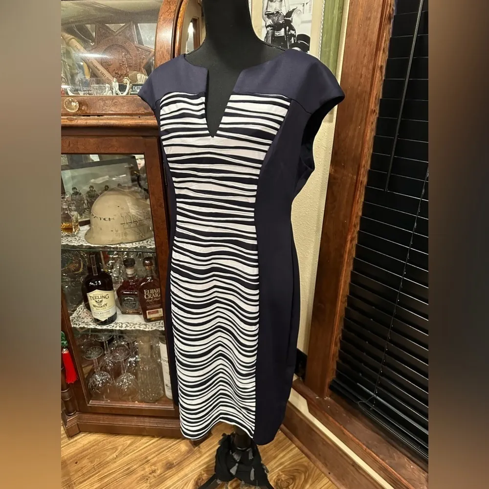 EUC Connected Apparel Striped Knee Length Sheath Dress Blue & White - Image 3