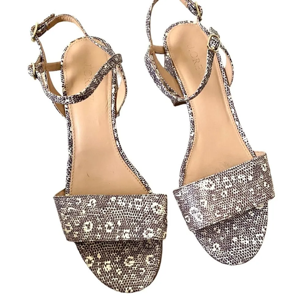 J. Crew Lizard Snake Print Leather Block Heel Strappy Sandal size 8.5 Gray Cream - Image 3