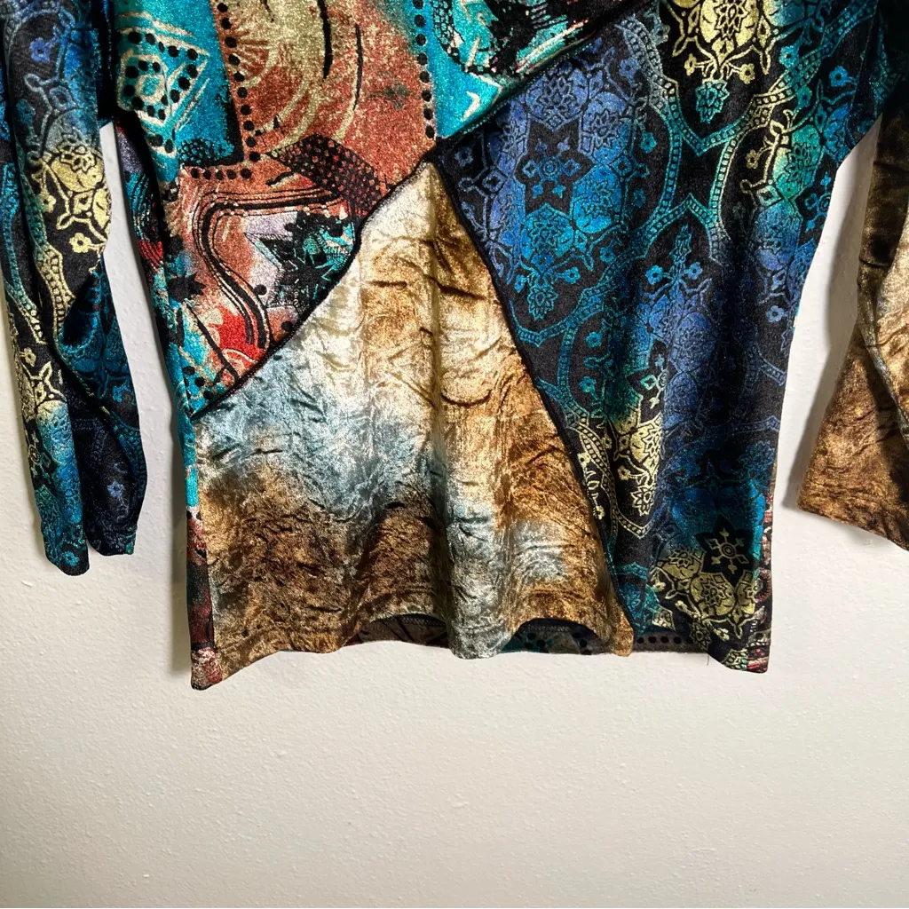 Caia Crushed Velvet Patchwork Blouse Teal Brown M Size M - Image 5