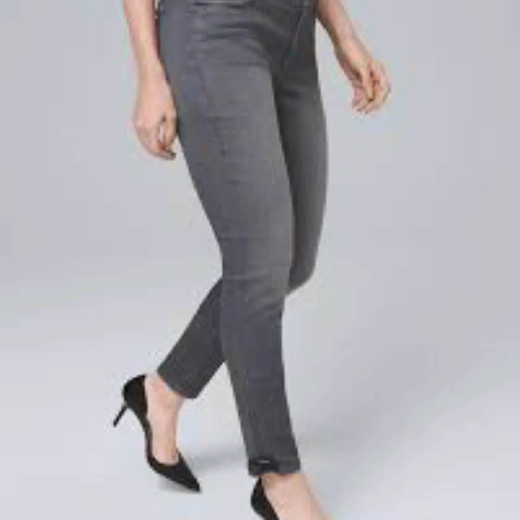 WHBM Classic Rise Skinny Ankle Faux Leather trim jeans in dark gray sz 2 EUC - Image 4